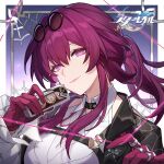  1girl black_jacket commentary_request eyewear_on_head gloves holding honkai:_star_rail honkai_(series) jacket kafka_(honkai:_star_rail) long_hair looking_at_viewer official_art purple_gloves purple_hair shirt solo sunglasses upper_body violet_eyes white_shirt 