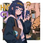  1girl ? alternate_costume blue-framed_eyewear blue_eyes blue_hair blue_hoodie blunt_bangs border casual cellphone closed_mouth earrings english_commentary hand_in_pocket hand_up highres holding holding_phone hololive hololive_english hood hood_down hoodie jewelry long_sleeves looking_at_viewer medium_hair meiyoshima ninomae_ina&#039;nis outdoors phone purple_nails signature smartphone solo stud_earrings virtual_youtuber white_border 