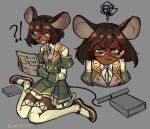  animal_ears artist_name bad_link blush book bumblesteak dark-skinned_female dark_skin glasses green_eyes grey_background highres looking_at_viewer mouse_ears mouse_girl mouse_tail newspaper nose olive_(bumblesteak) open_mouth original short_hair simple_background solo tail thigh-highs 
