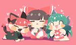  3girls :3 ^_^ animal_ears barefoot bow braid brown_hair cat_ears cat_girl cat_tail cheek-to-cheek chibi chibi_only closed_eyes cup detached_sleeves dress extra_ears green_dress green_hair hair_bow hair_tubes hakurei_reimu heads_together heart holding holding_cup horns kaenbyou_rin kariyushi_shirt kneeling komano_aunn long_hair long_sleeves multiple_girls multiple_tails open_mouth paw_pose pink_background pointy_ears red_bow red_skirt red_vest redhead seiza shinsei_tomato shorts simple_background single_horn sitting skirt smile sweat tail tail_raised tongue tongue_out touhou two_tails vest white_sleeves wide_sleeves yunomi 