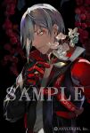  1boy asymmetrical_sleeves belt black_choker black_jacket choker closed_mouth copyright_name facial_tattoo flower fulgur_ovid fulgur_ovid_(1st_costume) grey_hair hair_between_eyes hair_over_one_eye holding holding_flower jacket lam_(ramdayo) male_focus mechanical_arms multicolored_clothes multicolored_jacket nijisanji nijisanji_en official_art open_clothes open_jacket red_belt red_choker red_flower red_jacket sample_watermark short_hair single_mechanical_arm solo tank_top tattoo uneven_sleeves virtual_youtuber watermark white_flower white_tank_top 