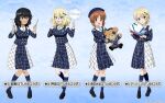  4girls andou_(girls_und_panzer) beret black_footwear blue_background blue_bow blue_headwear blue_jacket blue_ribbon blue_skirt blue_socks bow buttons character_name commentary_request darjeeling_(girls_und_panzer) double-breasted dress_shirt girls_und_panzer girls_und_panzer_senshadou_daisakusen! hair_bow hand_fan hat highres holding holding_fan holding_stuffed_toy idol jacket kneehighs loafers long_sleeves medium_skirt multiple_girls neck_ribbon nishizumi_miho official_alternate_costume official_art oshida_(girls_und_panzer) paper_fan plaid plaid_jacket plaid_skirt pleated_skirt ribbon shirt shoes skirt socks star_(symbol) stu48 stuffed_animal stuffed_toy teddy_bear two-tone_skirt watermark white_shirt wing_collar 