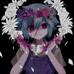  1boy antenna_hair aqua_hair basil_(headspace)_(omori) basil_(omori) black_background blood blood_on_face blood_on_hands blue_overalls collared_shirt flower green_shirt hair_between_eyes head_wreath highres holding official_alternate_eye_color omori overalls petals red_eyes shirt short_hair short_sleeves solo sweat yuyuyu_m5 