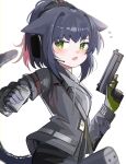  1girl absurdres animal_ears arknights black_hair cat_ears cat_girl cat_tail green_eyes gun handgun highres holding holding_gun holding_weapon id_card jessica_(arknights) looking_at_viewer open_mouth short_hair spam_(spamham4506) tail weapon white_background 