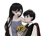  1boy 1girl alternate_costume antenna_hair black_eyes black_hair black_necktie black_sweater_vest blue_dress bouquet bright_pupils brother_and_sister collarbone collared_shirt dress flower hair_between_eyes hand_on_another&#039;s_head holding holding_bouquet long_hair looking_at_another lower_teeth_only mari_(faraway)_(omori) mari_(omori) necktie omori open_mouth parted_lips renshu_usodayo shirt short_hair short_sleeves siblings simple_background sleeveless sleeveless_dress smile sunflower sunny_(omori) sweater_vest teeth white_background white_pupils white_shirt 