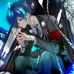  1boy black_jacket black_pants black_ribbon blue_eyes blue_hair chain closed_mouth collared_shirt digital_media_player feet_out_of_frame gekkoukan_high_school_uniform hair_over_one_eye headphones headphones_around_neck highres jacket long_sleeves looking_down male_focus neck_ribbon open_clothes open_jacket own_hands_together pants persona persona_3 ribbon s.e.e.s school_uniform shirt short_hair sitting suou_(sdurorhr) white_shirt yuuki_makoto_(persona_3) 