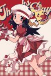  1girl alcremie alcremie_(strawberry_sweet) apron black_hair blush bow chef_hat cherry cupcake dawn_(palentine&#039;s_2021)_(pokemon) dress eyelashes food food-themed_hair_ornament fruit grey_eyes hair_ornament hairclip happy_valentine hat heart highres hikari_(pokemon) holding long_hair mittens official_alternate_costume open_mouth oven_mitts pikachu plaid pokemon pokemon_(creature) pokemon_dppt pokemon_masters_ex pokemon_platinum red_dress red_mittens sawarabi_(sawarabi725) short_sleeves sidelocks simple_background strawberry_hair_ornament whipped_cream white_headwear 