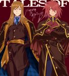  2boys absurdres belt brown_hair cape closed_mouth commentary_request crossed_arms english_text glasses gloves highres jade_curtiss kratos_aurion long_hair male_focus multiple_boys necktie one_eye_closed red_eyes redhead roku_(gansuns) smile spiky_hair suit tales_of_(series) tales_of_symphonia tales_of_the_abyss uniform 