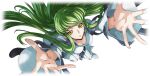  1girl arms_up artist_request blurry breasts c.c. code_geass code_geass:_lost_stories collarbone depth_of_field foreshortening from_above full_body game_cg green_hair highres long_hair long_sleeves looking_at_viewer looking_up medium_breasts non-web_source official_art parted_lips reaching reaching_towards_viewer shoes sidelocks simple_background solo spread_fingers straitjacket teeth transparent_background very_long_hair white_footwear wide_sleeves yellow_eyes 