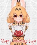  1girl animal_ears belt blonde_hair bow bowtie cat_ears cat_girl chocolate elbow_gloves extra_ears gloves grey_background heart highres kemono_friends looking_at_viewer notora serval_(kemono_friends) serval_print shirt short_hair simple_background skirt sleeveless sleeveless_shirt solo valentine yellow_eyes 