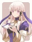  1girl blush box closed_mouth commentary_request dress fingernails fire_emblem fire_emblem:_three_houses gift gift_box gold_trim holding holding_gift long_hair looking_at_viewer lysithea_von_ordelia pink_eyes pink_nails purple_dress smile solo tenjin_(ahan) veil white_hair white_sleeves 