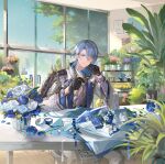  1boy ;) armor black_gloves blue_eyes blue_flower blue_hair blue_rose coat commentary_request flower genshin_impact gloves hands_up highres indoors kamisato_ayato looking_at_viewer male_focus mole mole_under_mouth official_art one_eye_closed plant potted_plant rose second-party_source short_hair shoulder_armor smile upper_body white_coat white_flower white_rose 