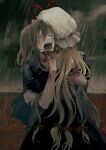  2girls blonde_hair blood blood_on_hands closed_eyes crying dou_(doudouzi) hat hat_ribbon highres hug long_hair long_sleeves low-tied_long_hair maribel_hearn medium_hair mob_cap multiple_girls open_mouth outdoors rain red_ribbon revision ribbon touhou very_long_hair white_headwear yakumo_yukari 