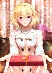  1girl ahoge arcueid_brunestud blonde_hair blush chocolate coat commentary_request harukey highres jewelry looking_at_viewer medium_hair necklace red_eyes shirt solo tsukihime tsukihime_(remake) turtleneck valentine white_coat white_shirt 