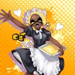  1girl absurdres apron artist_name black_dress blonde_hair closed_eyes colored_eyelashes commentary commentary_request dark-skinned_female dark_skin dress english_commentary frye_(splatoon) heart heart_background highres inkling_(language) maid maid_apron maid_headdress medium_hair mixed-language_commentary norishiitsu open_mouth smile solo splatoon_(series) splatoon_3 standing teeth twitter_username yellow_background 