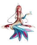  1girl absurdres bug butterfly choker closed_mouth facial_mark forehead_mark full_body hand_up highres long_hair long_sleeves lumeru_33 mermaid milotic monster_girl personification pokemon red_choker redhead simple_background sitting sketch solo very_long_hair white_background 