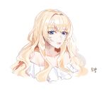  1girl blonde_hair blue_eyes closed_mouth copyright_name copyright_request dress highres long_hair looking_at_viewer lumeru_33 off-shoulder_dress off_shoulder signature simple_background sketch smile solo white_background white_dress 