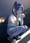  1girl blue_hair blue_pants car closed_mouth collarbone commentary commentary_request highres honda honda_s2000 long_hair looking_at_viewer love_live! love_live!_sunshine!! matsuura_kanan motor_vehicle pants ponytail red_footwear s_sho_mkrn shirt shoes short_sleeves sidelocks solo squatting violet_eyes white_shirt 