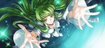  1girl arms_up artist_request blue_background blurry breasts c.c. code_geass code_geass:_lost_stories collarbone depth_of_field foreshortening from_above full_body game_cg green_hair highres long_hair long_sleeves looking_at_viewer looking_up medium_breasts non-web_source official_art parted_lips reaching reaching_towards_viewer shoes sidelocks solo sparkle spread_fingers straitjacket teeth very_long_hair white_footwear wide_sleeves yellow_eyes 