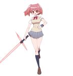  1girl bow bowtie cardigan energy_sword full_body highres hinata_natsumi kemono_friends kemono_friends_3 keroro_gunsou lightsaber long_hair looking_at_viewer notora parody pink_hair red_eyes shirt shoes simple_background skirt socks solo star_wars sword twintails weapon wristband 