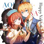  +_+ 1boy 1girl absurdres akirarec arima_kana beret blonde_hair blue_eyes blue_headwear blue_necktie blue_vest bob_cut closed_mouth green_ribbon happy_valentine hat highres hoshino_aquamarine inverted_bob necktie one_eye_closed open_mouth oshi_no_ko red_eyes redhead ribbon shirt short_hair smile upper_body valentine vest white_shirt 