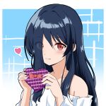  1girl azumawari_(azumofu) bare_shoulders black_hair blue_background blush box brown_eyes closed_mouth collarbone commentary_request dress eyes_visible_through_hair gift gift_box hair_over_one_eye hands_up heart heart-shaped_box holding holding_gift long_hair looking_at_viewer off_shoulder smile solo the_ring valentine white_dress yamamura_sadako 