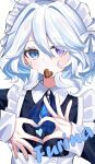 1girl absurdres alternate_costume apron ascot black_shirt blue_ascot blue_eyes blue_hair blue_nails blue_pupils blush brooch center_frills character_name chocolate collared_shirt dot_nose enmaided food_in_mouth frilled_shirt frills furina_(genshin_impact) genshin_impact hair_intakes heart heart_hands heterochromia highres jewelry looking_at_viewer maid maid_headdress medium_hair multicolored_hair nail_polish purple_pupils ritzchrono shirt solo streaked_hair upper_body violet_eyes white_apron white_hair 