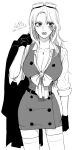  1girl buttons coat commentary_request dress earrings genderswap genderswap_(mtf) gloves goggles goggles_on_head grey_background highres holding holding_clothes holding_coat jewelry long_hair looking_to_the_side monochrome nakumonaga_uma necklace one_piece sabo_(one_piece) scar scar_on_face shirt signature simple_background solo thigh-highs twitter_username 