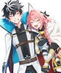  2boys astolfo_(fate) belt black_bow black_gloves black_hair black_thighhighs blue_eyes blush bow braid brown_belt cape charlemagne_(fate) closed_eyes closed_mouth fang fate/extella fate/extella_link fate/extra fate_(series) fur-trimmed_cape fur_trim garter_straps gauntlets gloves grin hair_between_eyes hair_bow hair_intakes highres holding_another&#039;s_arm holding_hands light_blush long_hair looking_at_another male_focus multicolored_hair multiple_boys open_mouth otoko_no_ko pink_hair short_hair simple_background single_braid skin_fang smile streaked_hair striped_sleeves thigh-highs two-sided_cape two-sided_fabric user_stsj7287 violet_eyes white_background white_cape white_fur white_hair 