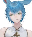  1boy animal_ears bare_shoulders blue_hair final_fantasy final_fantasy_xiv green_eyes head_tilt highres looking_at_viewer lumeru_33 male_focus parted_lips rabbit_ears simple_background smile solo upper_body viera warrior_of_light_(ff14) white_background 