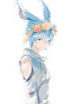  1boy absurdres animal_ears blue_hair closed_mouth final_fantasy final_fantasy_xiv from_side grey_shirt head_wreath highres long_sleeves looking_at_viewer looking_to_the_side lumeru_33 male_focus rabbit_ears shirt simple_background sketch smile solo viera warrior_of_light_(ff14) white_background 