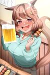  1girl alcohol animal_ears beer beer_mug blush breasts brown_hair commentary_request cup drunk ear_ornament food grey_pants hair_ornament hairclip highres holding holding_skewer horse_ears horse_girl horse_tail indoors jewelry large_breasts light_hello_(umamusume) long_sleeves medium_hair motsushi mug necklace open_mouth pants ribbon_hair signature skewer smile solo tail textless_version umamusume v-shaped_eyebrows violet_eyes 
