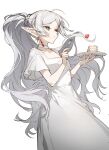  1girl cake choker dress earrings elf food fork frieren fruit green_eyes highres holding holding_fork holding_plate jewelry long_dress long_hair plate pointy_ears ponytail short_sleeves simple_background snowcake47 solo sousou_no_frieren strawberry very_long_hair white_background white_choker white_dress white_hair 