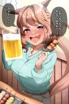  1girl alcohol animal_ears beer beer_mug blush breasts brown_hair commentary_request cup drunk ear_ornament food grey_pants hair_ornament hairclip highres holding holding_skewer horse_ears horse_girl horse_tail indoors jewelry large_breasts light_hello_(umamusume) long_sleeves medium_hair motsushi mug necklace open_mouth pants ribbon_hair signature skewer smile solo speech_bubble tail translation_request umamusume v-shaped_eyebrows violet_eyes 