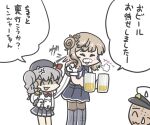  1boy 2girls admiral_(kancolle) alcohol anger_vein beer beer_mug beret blonde_hair blue_skirt closed_eyes commentary_request cup ferret-san foam_mustache grey_hair grey_skirt hat height_difference jacket kantai_collection kashima_(kancolle) military_uniform mug multiple_girls pleated_skirt puff_of_air ranger_(kancolle) simple_background skirt thigh-highs translation_request twintails uniform white_background white_jacket 