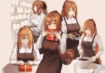  1girl 3_small_spiders apron bow box brown_apron brown_bow brown_hair chocolate commentary_request gift gift_box girls_frontline green_eyes hair_bow highres long_hair looking_at_viewer multiple_views open_mouth shirt smile springfield_(girls&#039;_frontline) white_shirt 