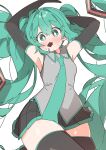  1girl absurdres aqua_eyes aqua_hair armpit_crease armpits arms_up black_gloves blush chocolate elbow_gloves food_in_mouth gloves grey_shirt hatsune_miku highres long_hair looking_at_viewer lying no_nose on_back shirt solo sweat thick_thighs thighs twintails uruti_2388 very_long_hair vocaloid white_background zettai_ryouiki 