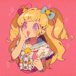 1girl :d blonde_hair blue_bow blue_sailor_collar blush bow center_frills commentary_request cropped_torso frills hair_bow hair_ornament hand_on_own_cheek hand_on_own_face hand_up holding holding_spoon idol_time_pripara katupuraamen long_hair open_mouth pink_background pink_bow pink_eyes pink_shirt pretty_series pripara rice ringlets sailor_collar shirt short_sleeves simple_background smile solo spoon star_(symbol) star_hair_ornament twintails two_side_up upper_body yumekawa_yui