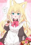  1girl :d animal_ears apron black_dress blonde_hair blush chocolate collared_dress commentary_request curtains dress fangs food fox_ears fox_girl fox_tail frilled_apron frills fuwafuwa-chan_(kamiyoshi_rika) green_eyes highres holding holding_food kamiyoshi_rika long_sleeves maid maid_apron multicolored_hair nail_polish original pink_nails puffy_long_sleeves puffy_sleeves simple_background smile solo streaked_hair tail translation_request white_apron white_background white_hair 
