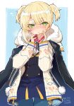  1girl argyle argyle_legwear asymmetrical_hair blonde_hair blue_background blue_pantyhose blush box braid cardigan commentary_request cowboy_shot dated embarrassed eyebrows_hidden_by_hair french_braid fujii_jun gift gift_box girls_frontline green_eyes heart-shaped_box holding holding_gift hooded_cardigan official_alternate_costume open_cardigan open_clothes pantyhose parted_lips solo sweatdrop two-tone_background valentine welrod_mkii_(english_in_love)_(girls&#039;_frontline) welrod_mkii_(girls&#039;_frontline) white_background 