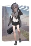  1girl absurdres ahoge bare_legs black_footwear black_gloves black_necktie black_skirt blue_sky blush boots breast_pocket building carrying carrying_case city cityscape clear_sky closed_mouth collared_shirt commentary day door dress_shirt european_architecture full_body girls_frontline gloves grass grey_footwear grey_hair grey_jacket grey_socks guitar_case hair_between_eyes hand_on_headset hand_on_own_cheek hand_on_own_face hand_up head_tilt headset highres instrument_case jacket looking_to_the_side loose_clothes loose_shirt m200_(girls&#039;_frontline) messy_hair miniskirt necktie off_shoulder outdoors parted_bangs pavement pleated_skirt pocket road serious shirt sidelocks skirt sky socks standing swept_bangs tr07 twintails two-tone_boots violet_eyes white_shirt window wooden_door 