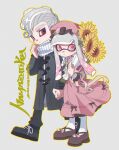  1boy 1girl absurdres artist_name black_coat black_footwear black_pants bouquet brown_footwear closed_mouth coat commentary commission couple dress flower full_body grey_background grey_hair highres holding holding_bouquet holding_hands inkling_girl inkling_player_character long_hair mohawk namazuoku octoling_boy octoling_player_character pants pink_dress pink_eyes pink_hair pink_headwear pointy_ears red_eyes scarf shoes short_hair simple_background splatoon_(series) standing sunflower symbol-only_commentary tentacle_hair thick_eyebrows walking white_scarf 