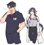  1boy 1girl alternate_costume alternate_universe belt black_belt black_hair black_pants black_shirt blue_hair clipboard clorinde_(genshin_impact) doctor floating_hair genshin_impact grey_hair grey_shirt hair_ribbon highres holding holding_clipboard id_card long_hair low_ponytail mizuchi_kai multicolored_hair nurse pants ribbon scar scar_on_arm shirt shirt_tucked_in stethoscope streaked_hair very_long_hair white_background wriothesley_(genshin_impact) yawning 