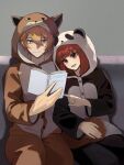  +_+ 1boy 1girl animal_ears arima_kana black_pajamas blonde_hair blue_eyes bob_cut book brown_pajamas closed_mouth dog_ears highres holding holding_book hoshino_aquamarine inverted_bob open_mouth oshi_no_ko pajamas panda_ears reading red_eyes redhead redlittleplum short_hair sitting smile valentine 