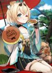  1girl absurdres blonde_hair blue_sky chest_sarashi clouds commentary_request dorayaki eating fingerless_gloves food food_on_face gloves grass green_eyes hair_ornament highres holding holding_food hololive incoming_food japanese_clothes kazama_iroha kazama_iroha_(1st_costume) leaf leaf_hair_ornament looking_at_viewer mamdtsubu medium_hair oil-paper_umbrella one_eye_closed pokobee red_umbrella sarashi sky thighs tree umbrella virtual_youtuber wagashi 