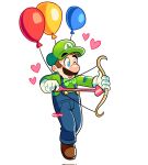  1boy 1girl balloon big_nose blue_eyes blue_overalls bow_(weapon) brown_hair cupid facial_hair gloves green_headwear green_shirt hat highres long_sleeves luigi manysart1 mustache one_eye_closed overalls shirt solo super_mario_bros. weapon white_gloves 