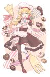  1girl asymmetrical_legwear bakery blonde_hair blue_eyes chef_hat chocolate cookie food fork hat highres holding holding_whisk konata_w1225 looking_at_viewer mismatched_legwear one_eye_closed open_mouth princess_peach shop super_mario_bros. thigh-highs whisk 