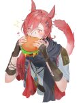  +_+ 1boy ^^^ absurdres animal_ears black_gloves black_scarf burger cat_ears cat_tail final_fantasy final_fantasy_xiv food foodgasm g&#039;raha_tia gloves grey_shirt hair_ornament hairclip heart highres holding jewelry lumeru_33 male_focus miqo&#039;te necklace red_eyes redhead scarf shirt simple_background solo tail upper_body white_background wide-eyed x_hair_ornament 