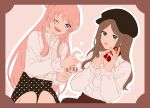  2girls bang_dream! bang_dream!_it&#039;s_mygo!!!!! black_skirt blue_eyes blush border bow bowtie box brown_border brown_hair brown_headwear cabbie_hat chihaya_anon commentary fang gift grey_eyes half_updo hand_up hat heart heart-shaped_box heart_hands_failure highres long_hair long_sleeves multiple_girls nagasaki_soyo one_eye_closed open_mouth outline pink_hair polka_dot polka_dot_skirt shirt sidelocks skirt symbol-only_commentary teeth tongue tongue_out upper_teeth_only valentine watanuki_(enu) white_bow white_bowtie white_outline white_shirt yuri 