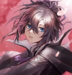  1boy blue_eyes brown_coat brown_hair coat hair_between_eyes hair_ribbon highres ken_ga_kimi looking_at_viewer lumeru_33 male_focus otoko_no_ko purple_ribbon ribbon solo tsuzuramaru_(ken_ga_kimi) upper_body 